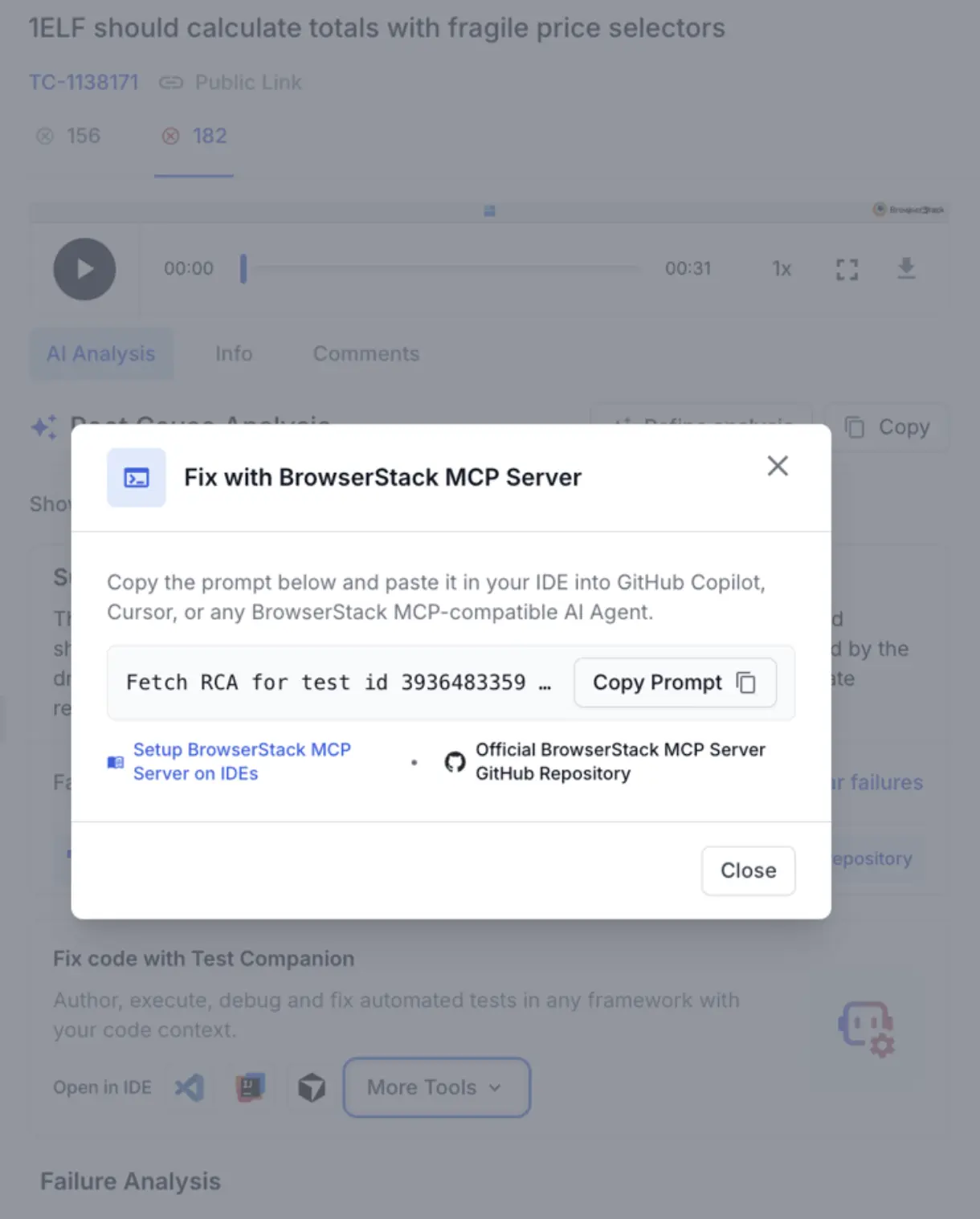 The Fix with BrowserStack MCP Server dialog showing a copyable prompt and links to the MCP server setup guide and GitHub repository