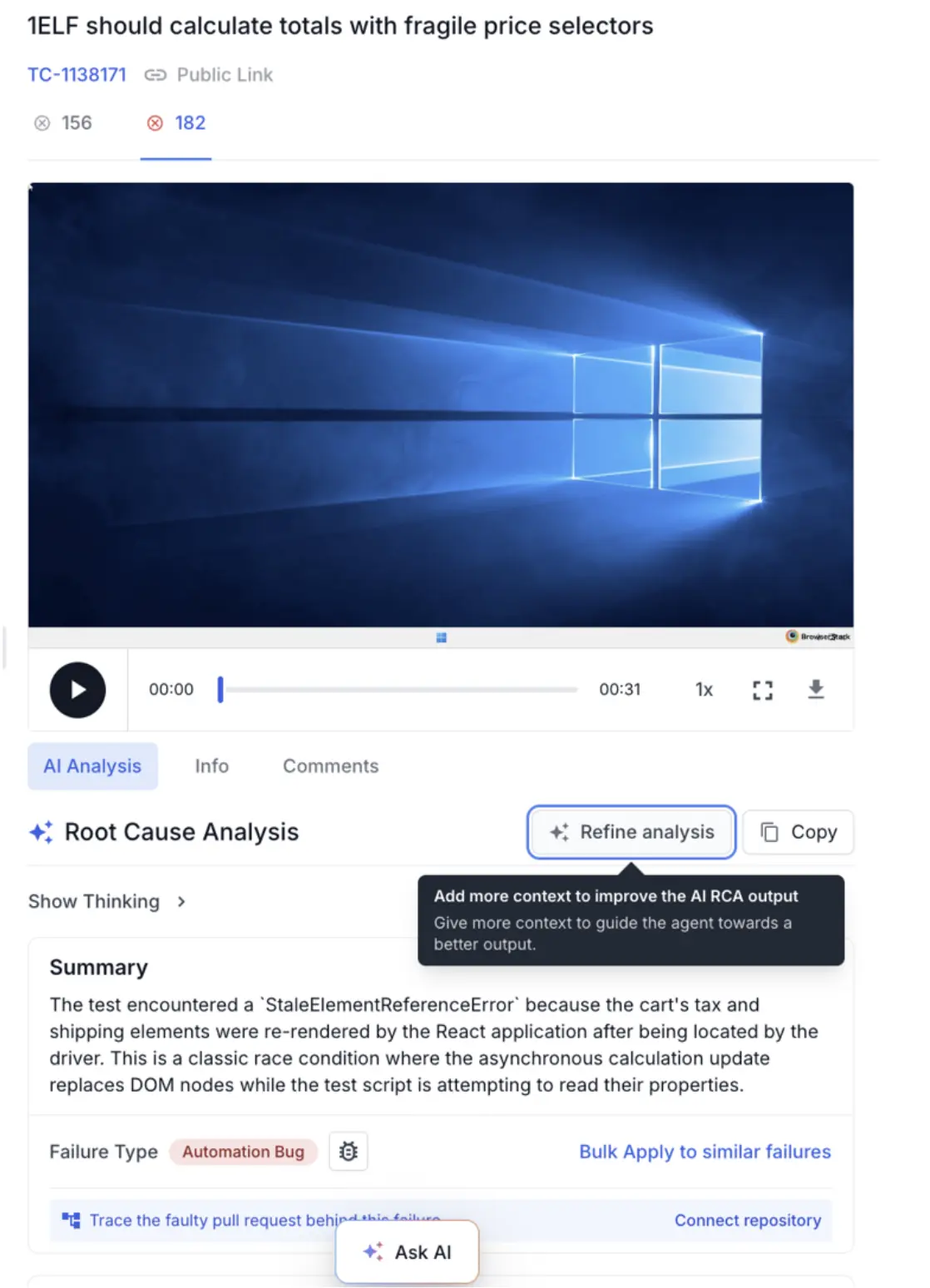 The Refine analysis button above a root cause analysis summary, with a tooltip explaining that more context improves the AI output