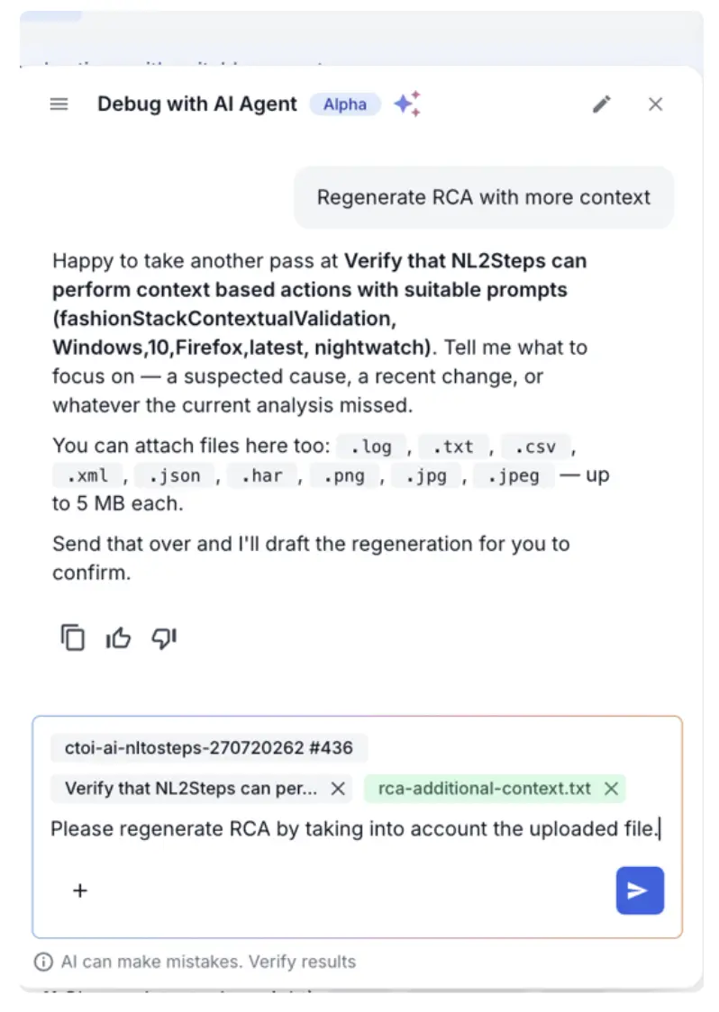 The Debug with AI Agent chat panel with an instruction typed in and a log file attached, ready to send