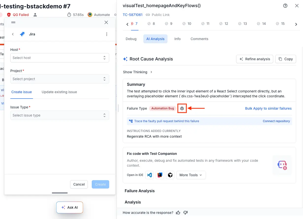 A Jira issue creation form pre-filled from a root cause analysis, next to the RCA pane it was raised from
