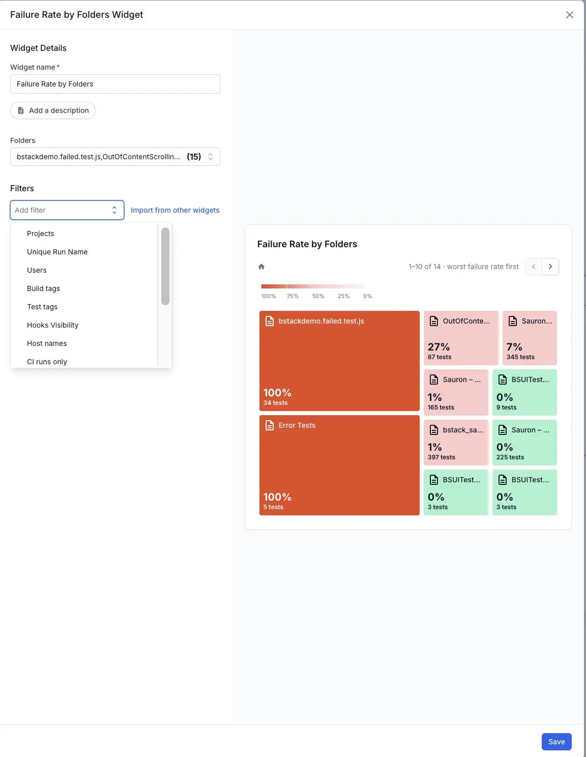 A set of configurations including widget name and filters on the Failure Rate by Folders widget