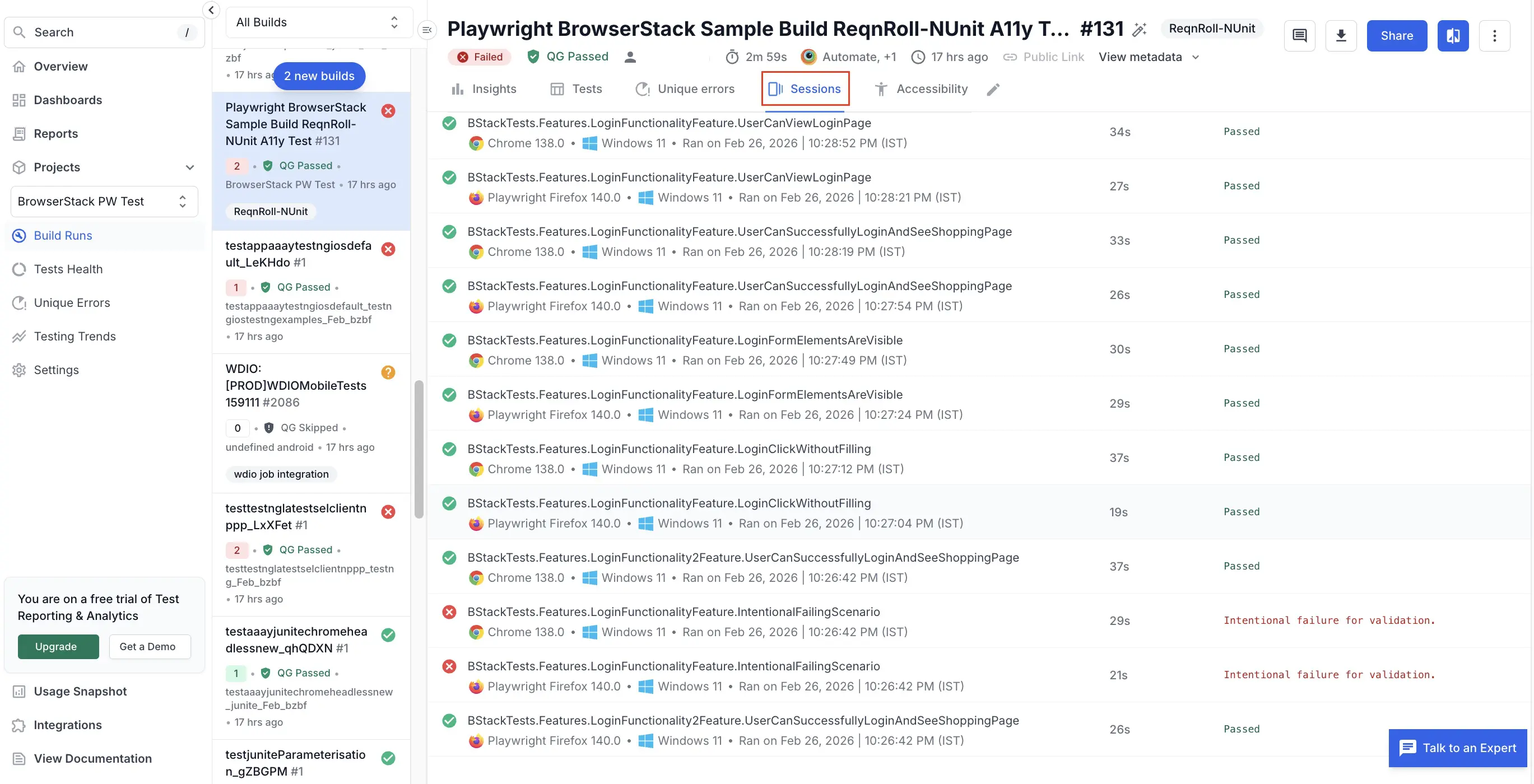 A tab named Sessions highlighted on the Build Runs page. A list of sessions grouped one after the other