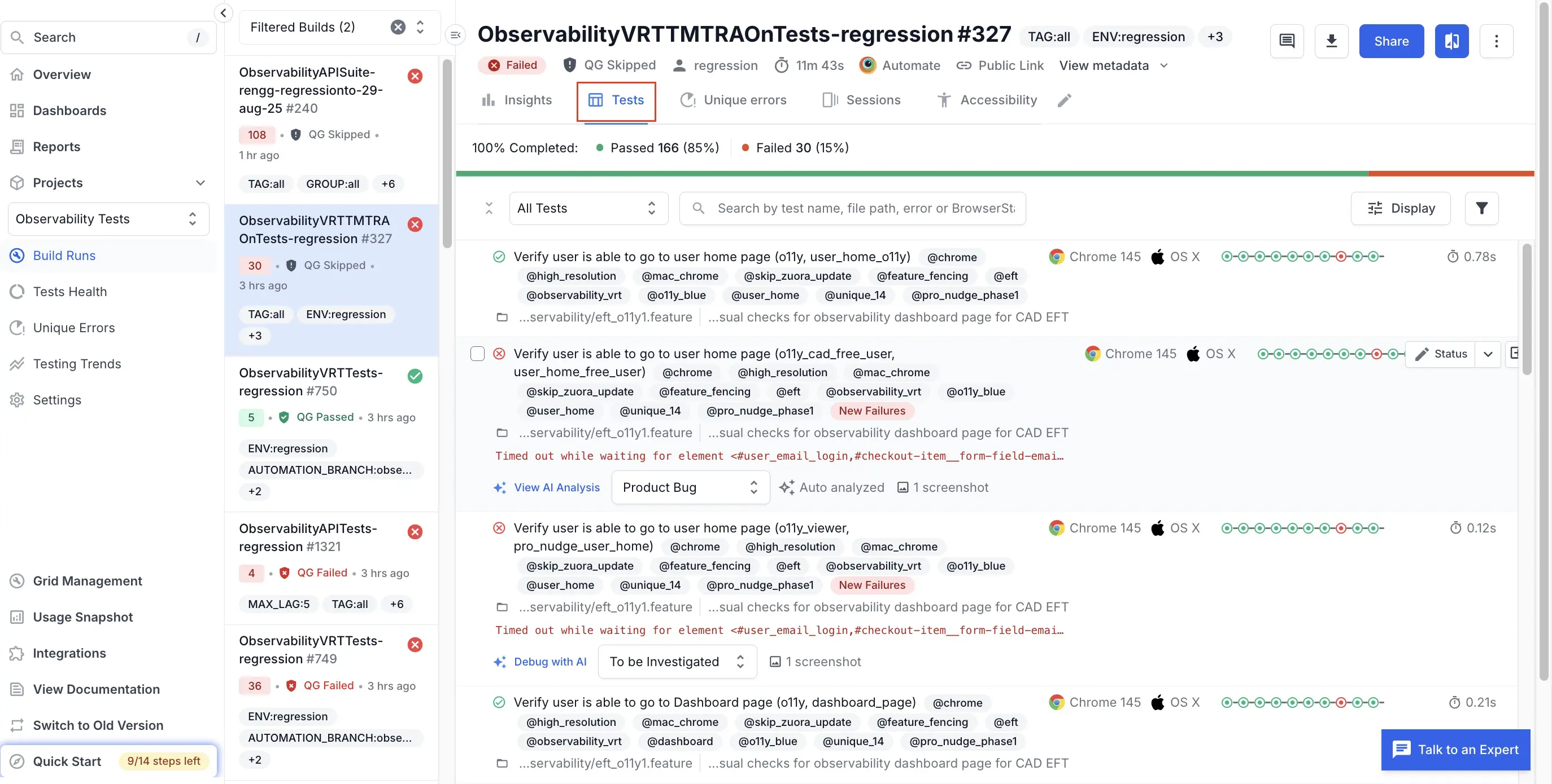 A tab named Tests highlighted on the Build Runs page. A list of tests grouped one after the other