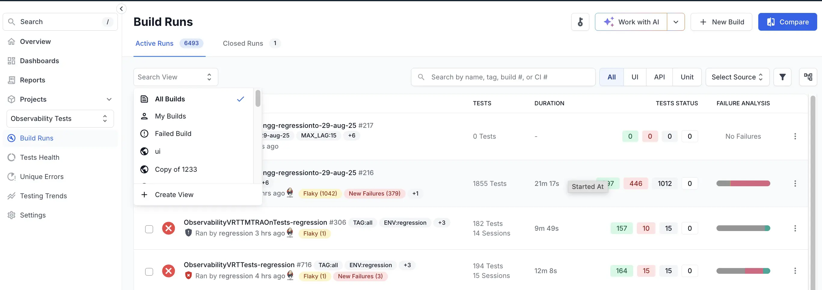 A drop down menu to select different build runs in a page titled Build Runs