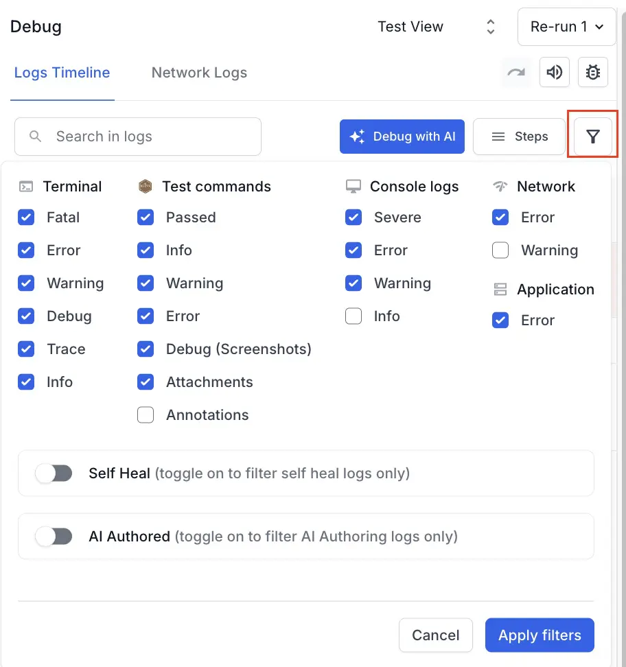 A filter icon highlighted and a list of checkboxes to select or deselect various types of logs
