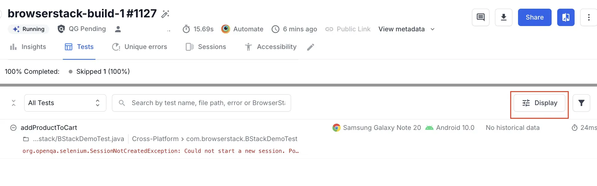 A button titled Display in the build runs page to change test view layout options