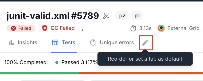 A pencil shaped edit button next to the tabs titled Insight, Tests, and Unique errors to change default tab settings