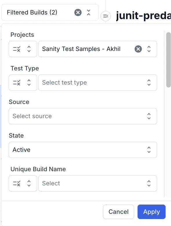 Filter options for builds including Project, Branch, Status, and Tags with Apply button