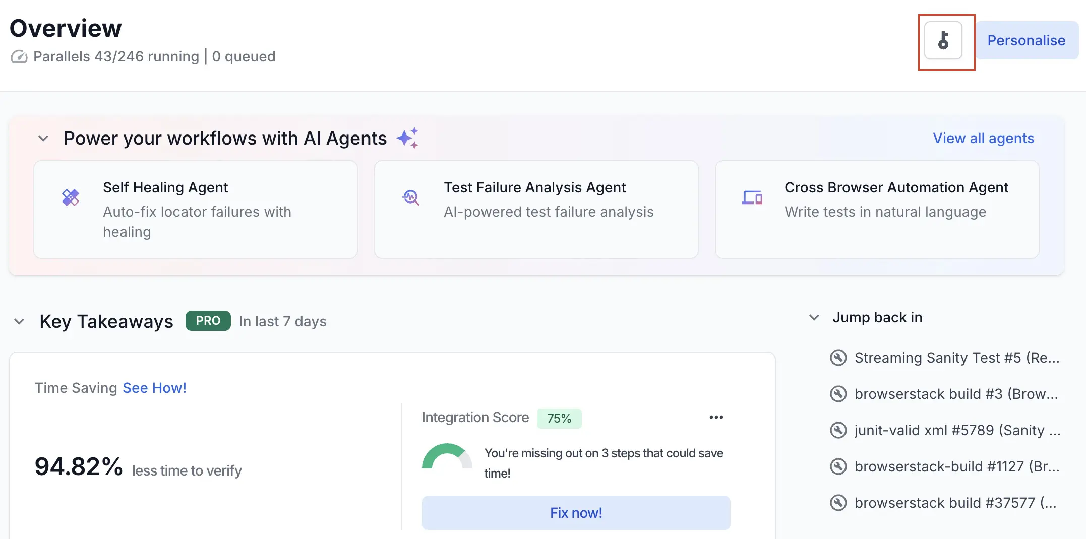 A button with the image of a key highlighted in red in the Overview page of Automate dashboard