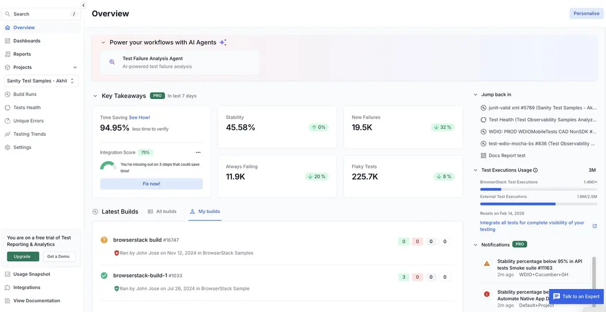Overview page displaying recent builds across all projects with build status and metadata