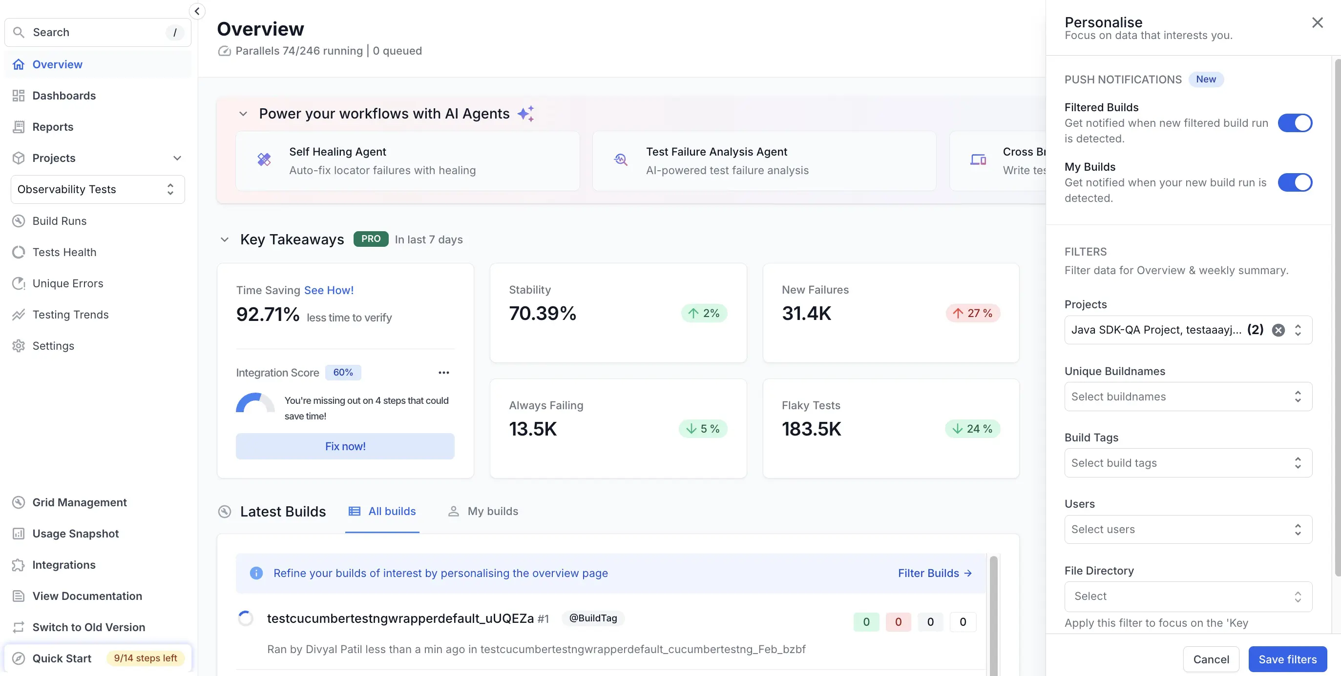 Filter options for builds including Project, Branch, Status, and Tags with Apply button