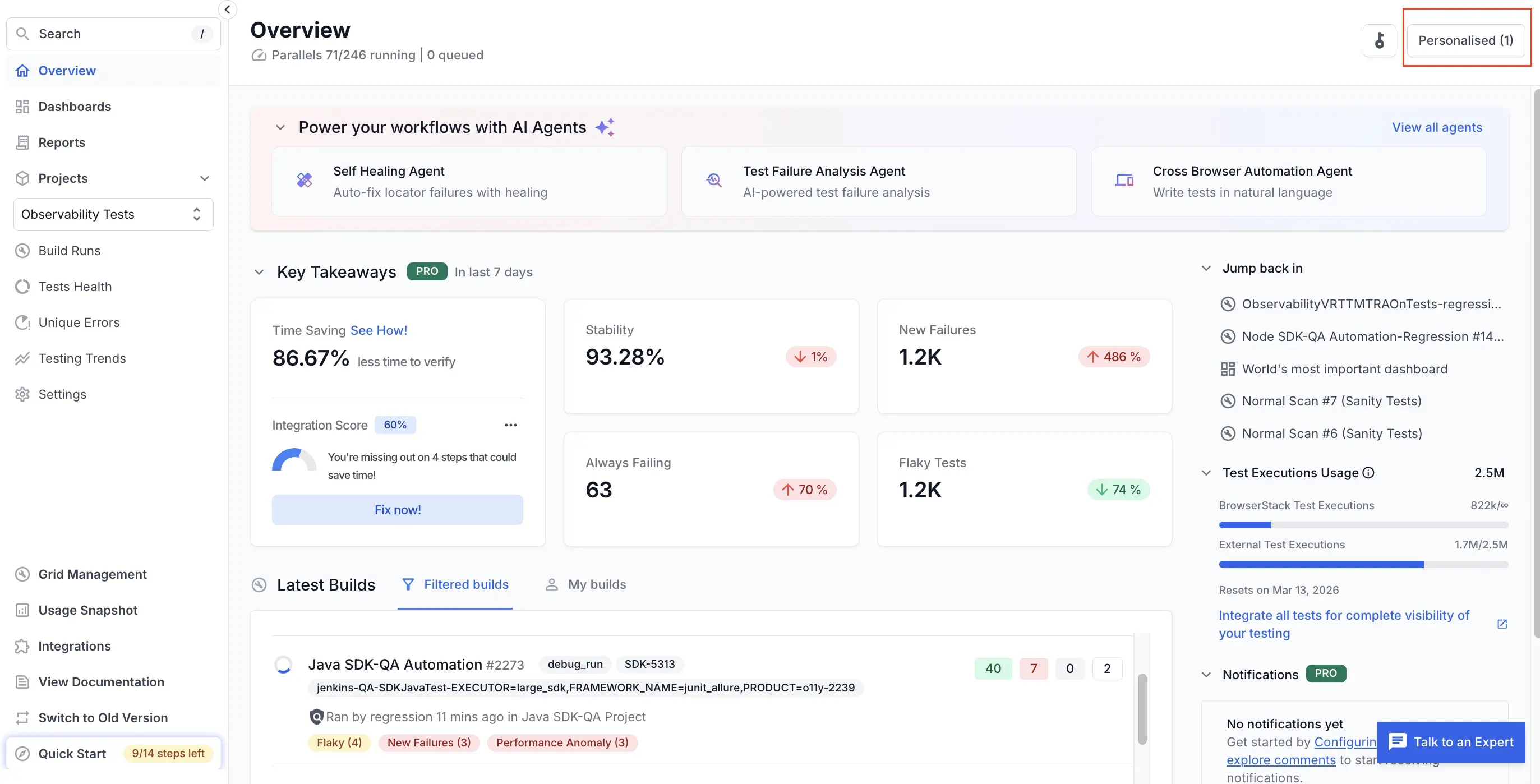 Filter options for builds including Project, Branch, Status, and Tags with Apply button