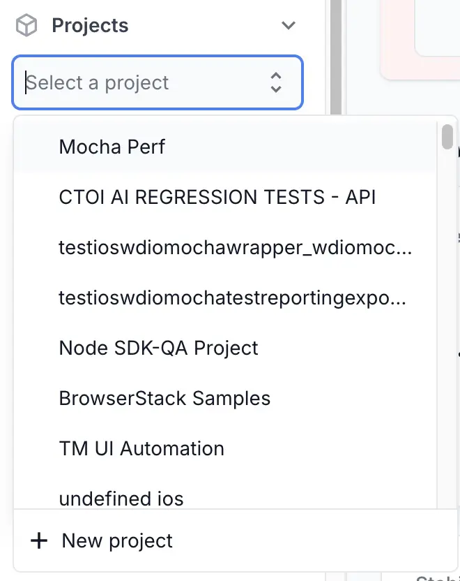 A drop down menu to select from a list of projects, and a button to create a new project
