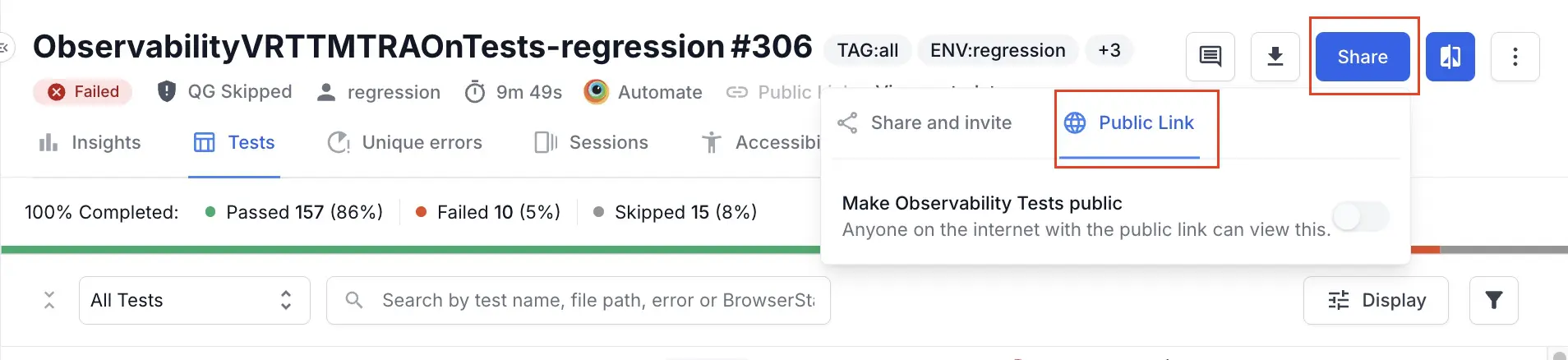 A button titled 'Share' highlighted in red. Also, a tab titled 'Public links' is highlighted in red. These are a part of a build runs page header.