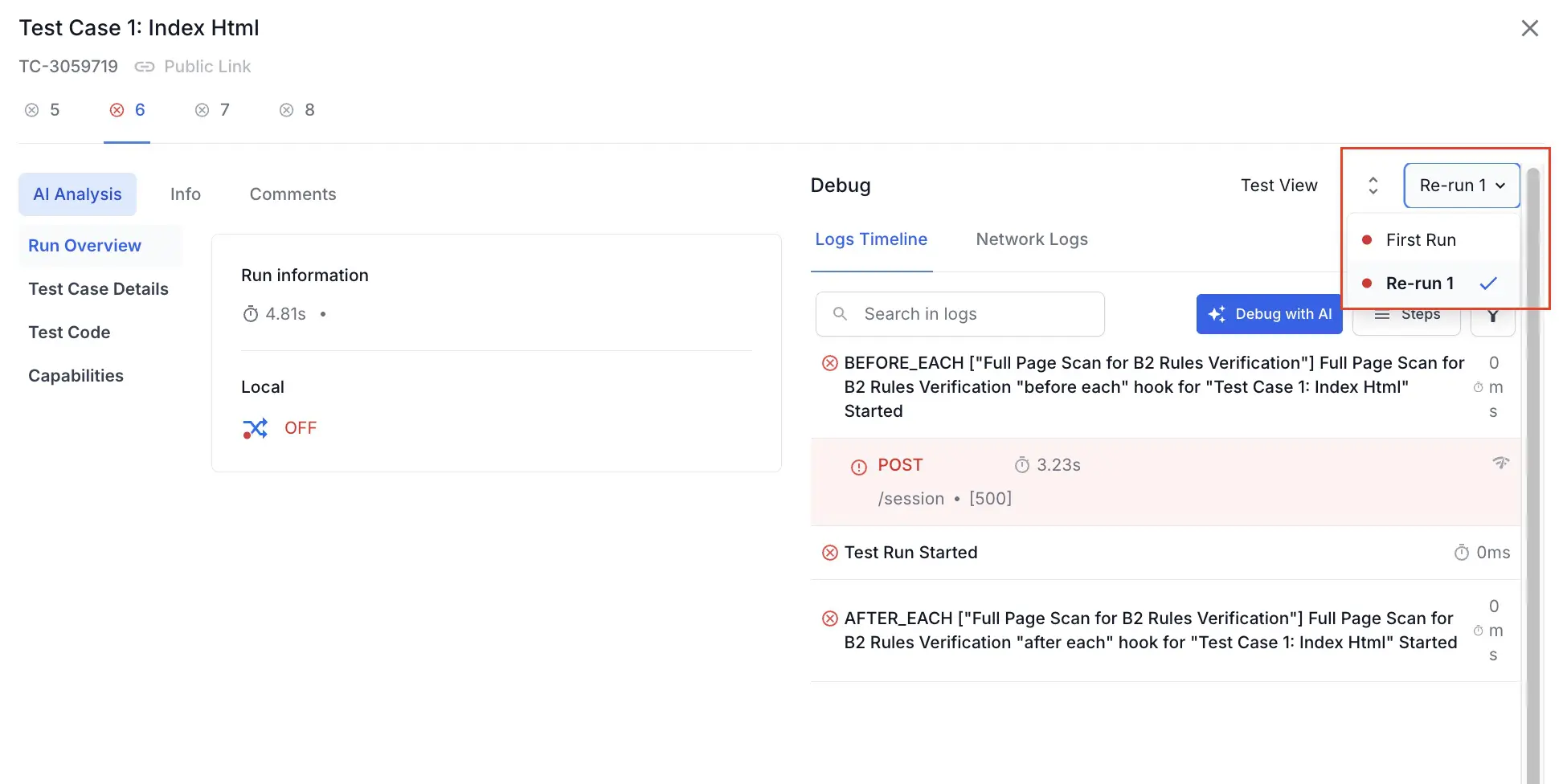 A drop-down menu that lists the first run and a rerun