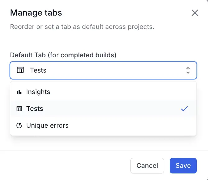 Dialog to select Tests as the default tab with Save button