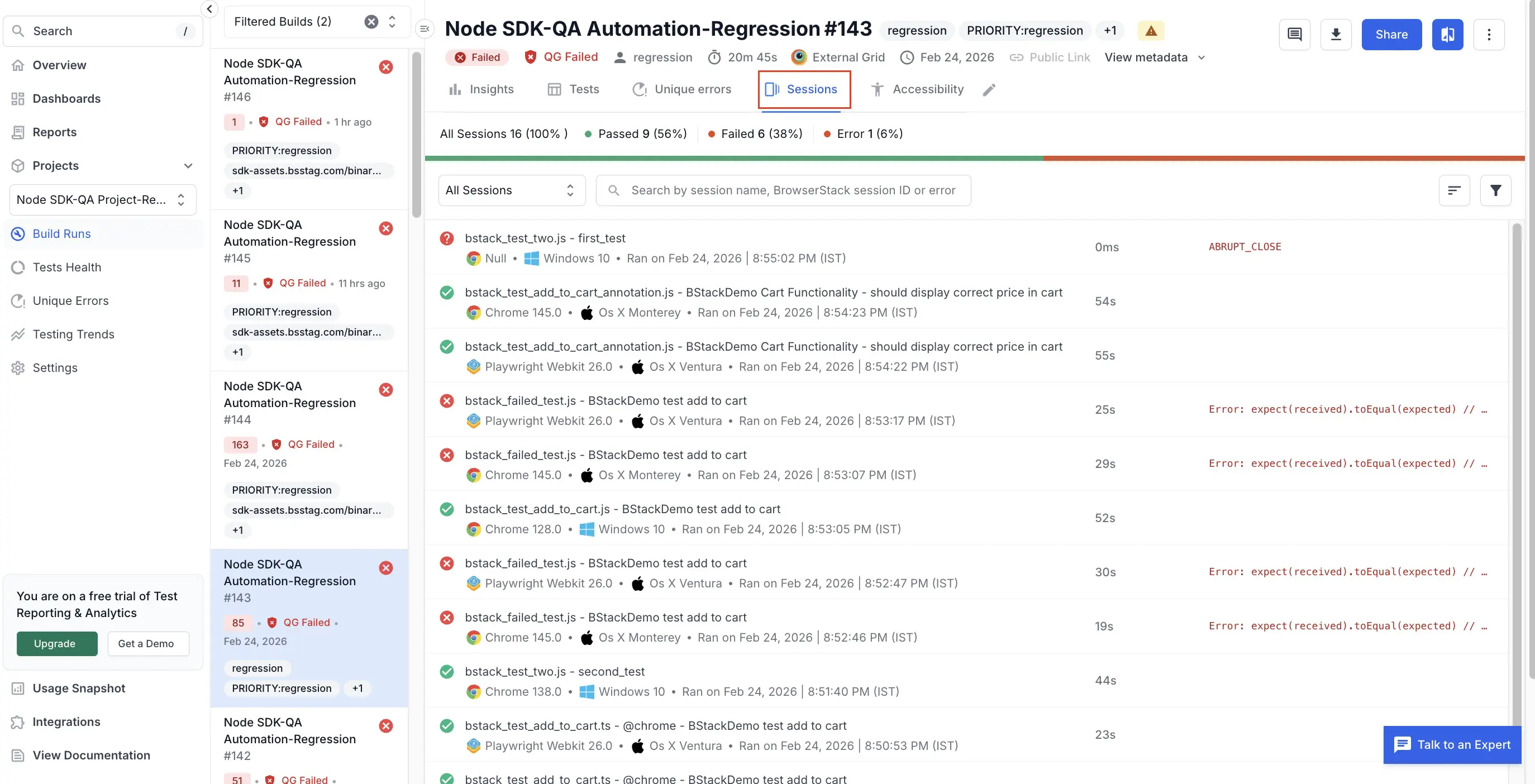 A list of unmerged tests listed under a tab named Sessions