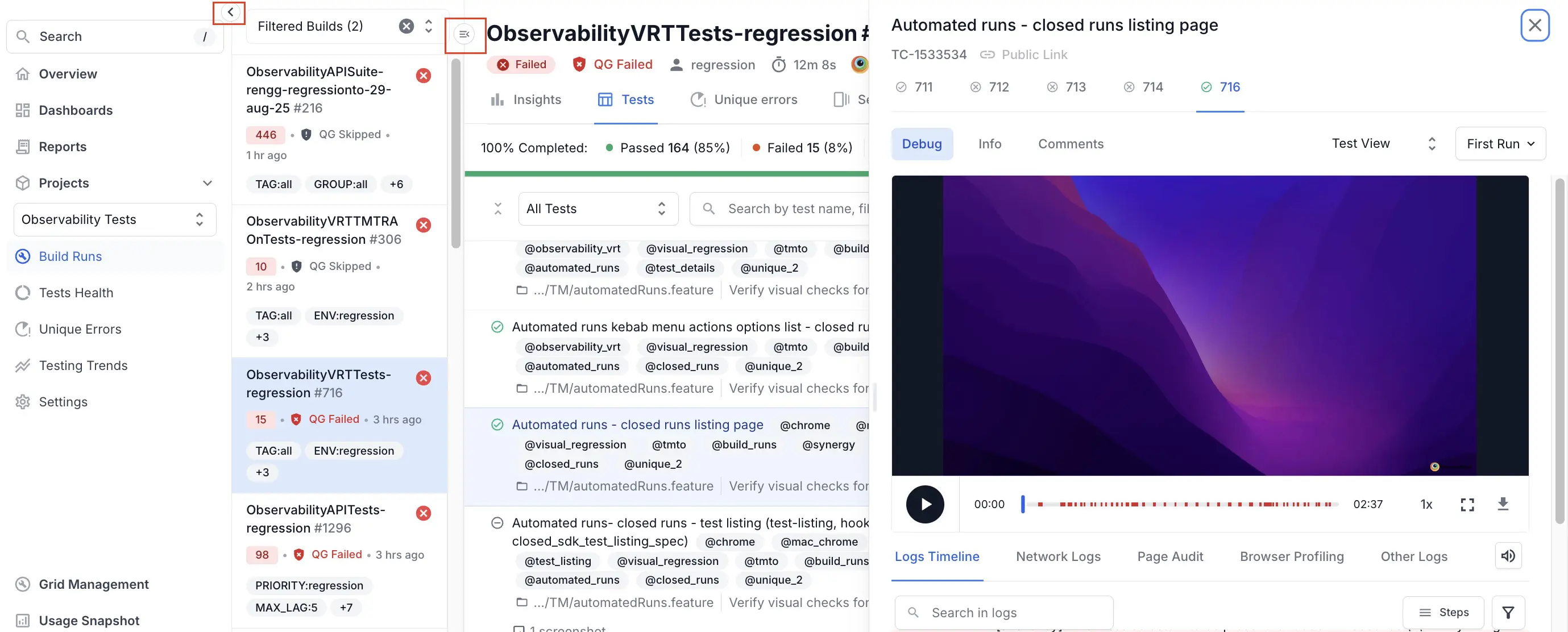 Two-column test detail view showing test information and metadata side-by-side