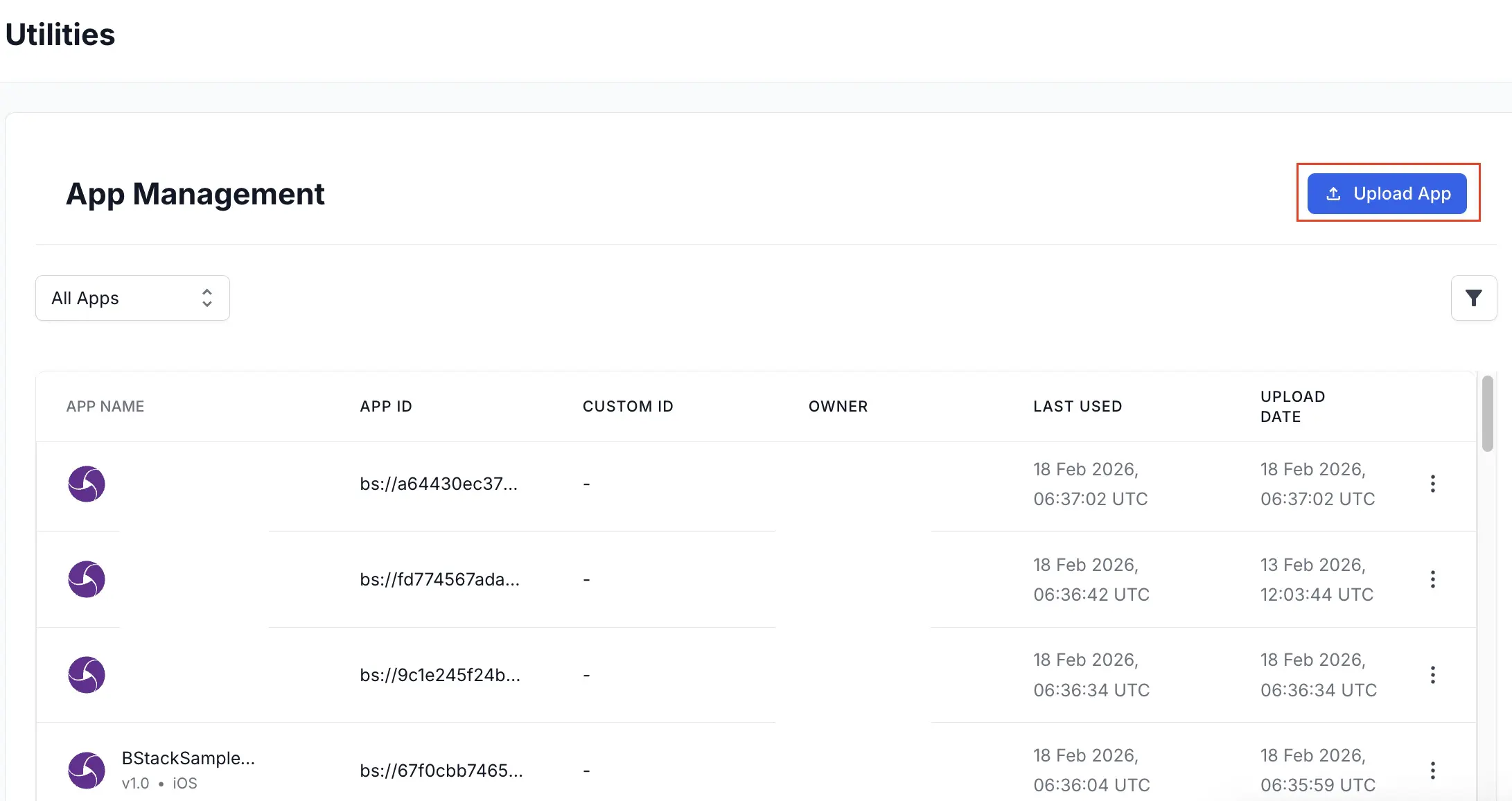 A button with an upload icon highlighted in red in the Overview page of App Automate dashboard
