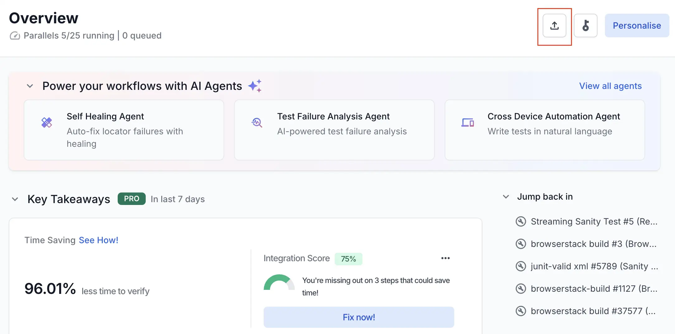 A button with an upload icon highlighted in red in the Overview page of App Automate dashboard
