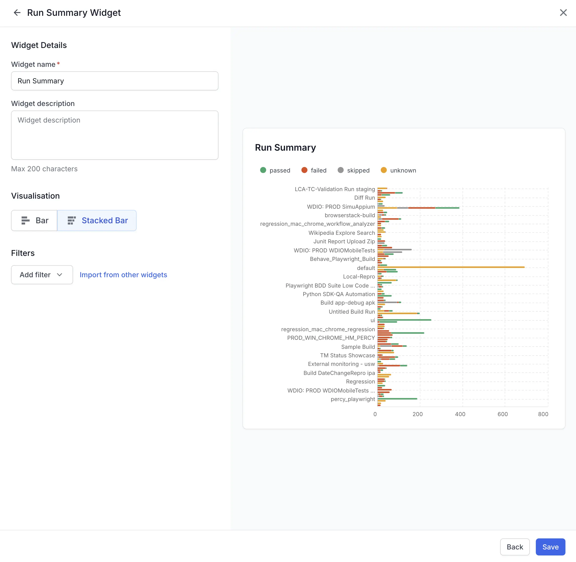 The run summary widget configuration screen showing a stacked bar chart preview, one bar per run, colored by test status.