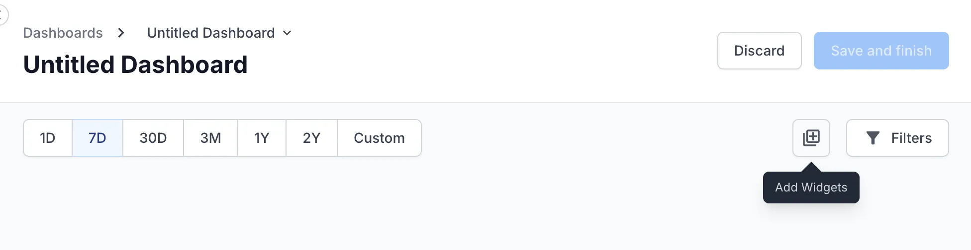 A dashboard in edit mode with the Add Widgets icon highlighted next to the Filters button.