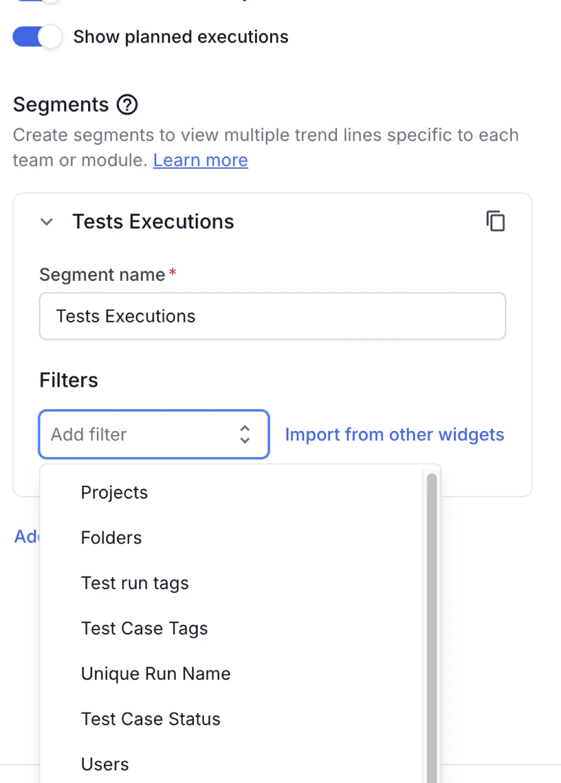A segment card in Manual mode with the Add filter list open, showing the filters available for manual test runs.