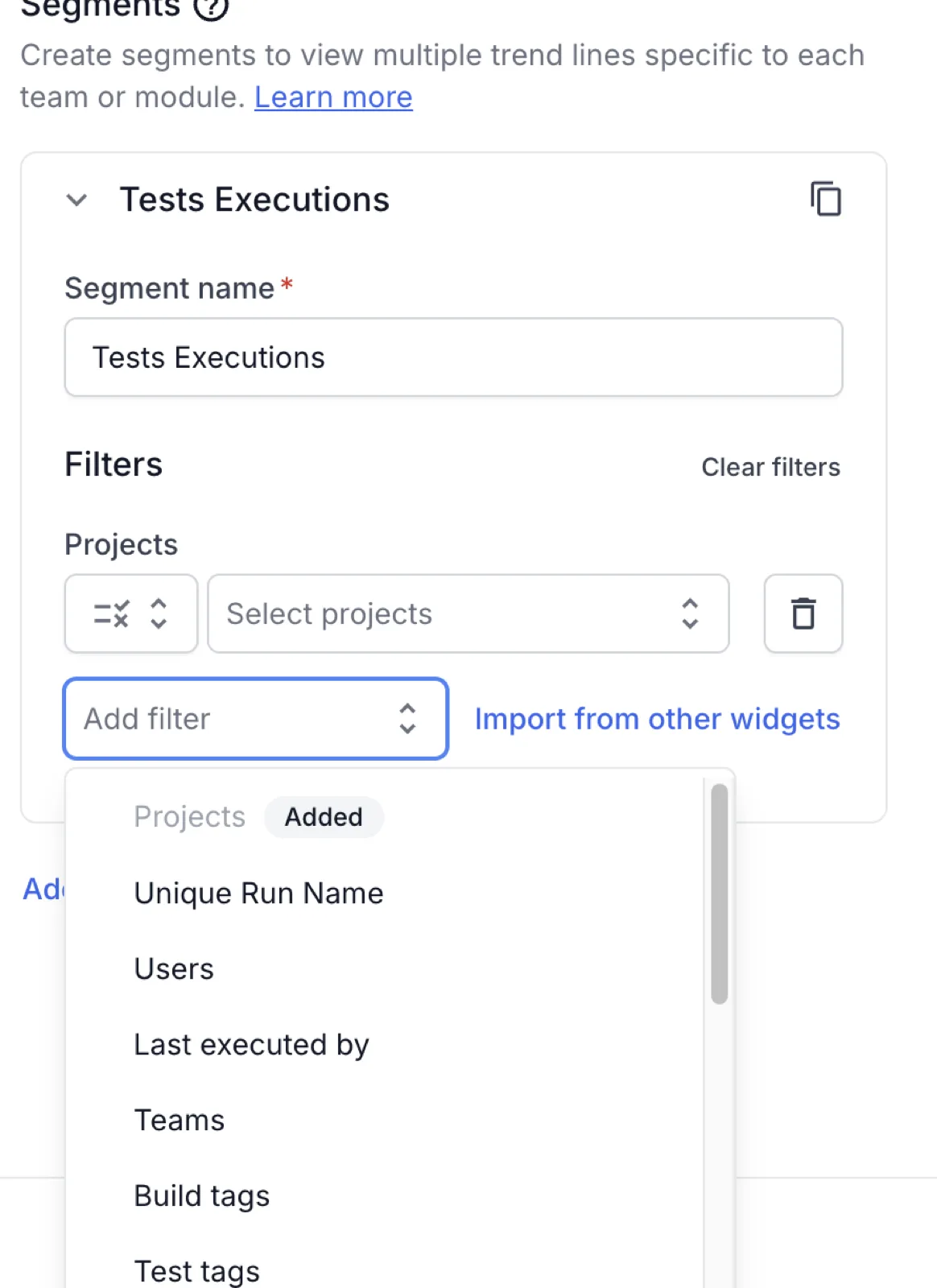 A segment card with a Projects filter added, showing the match operator, the delete icon, Clear filters, and the open Add filter list.