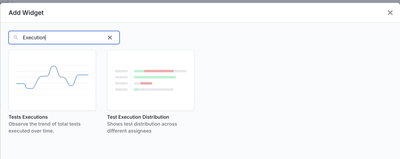 The Add Widget gallery filtered to the search term Execution, showing the Tests Executions card.