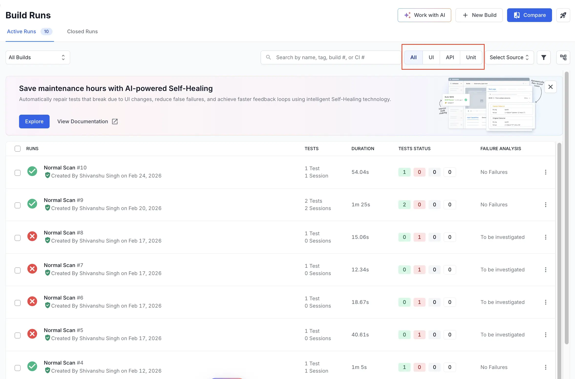 Test type selector with the All, UI, API, and Unit options highlighted next to the Build Runs search bar