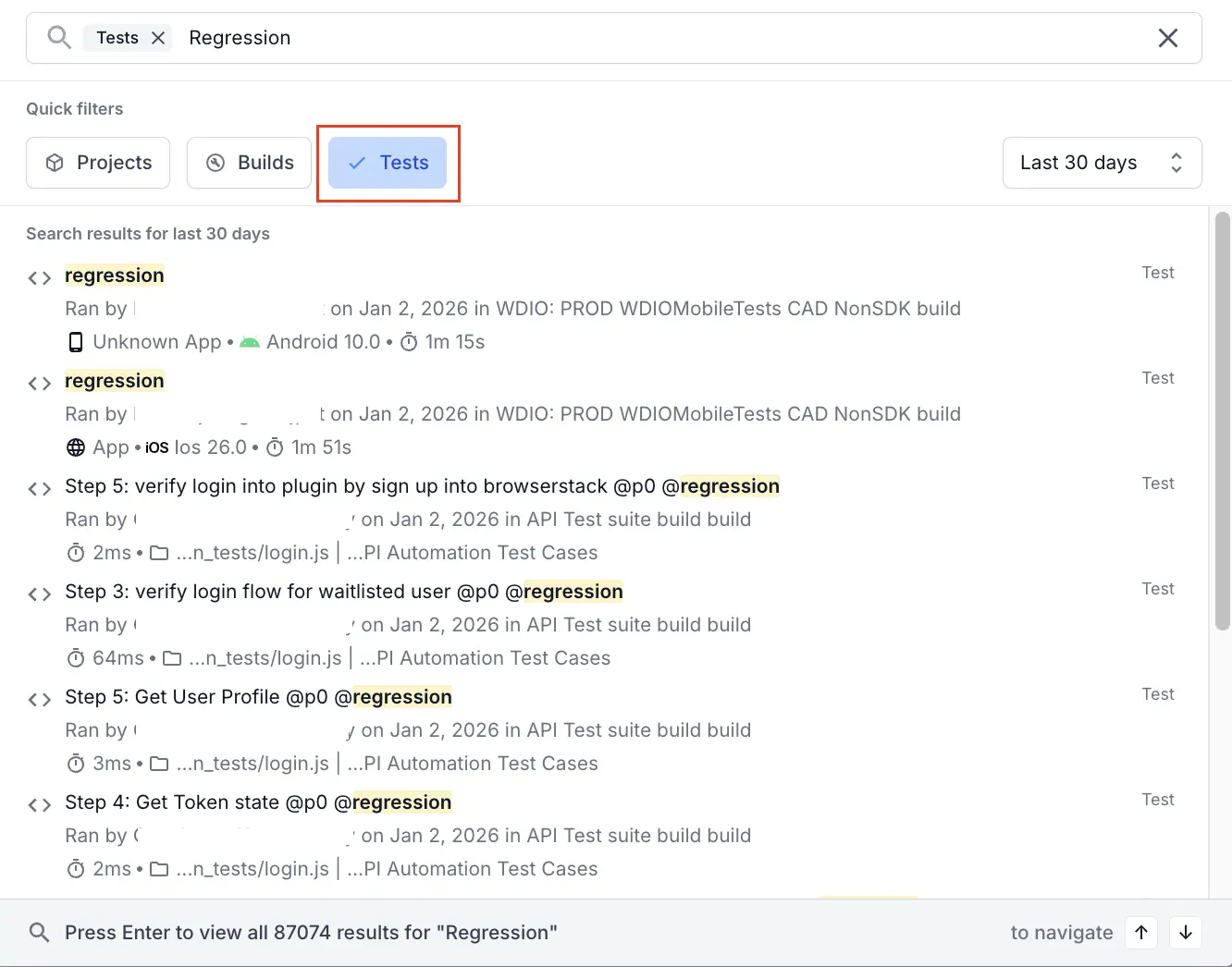 Global search suggestions for 'Regression' filtered by Tests, showing how to narrow results by entity