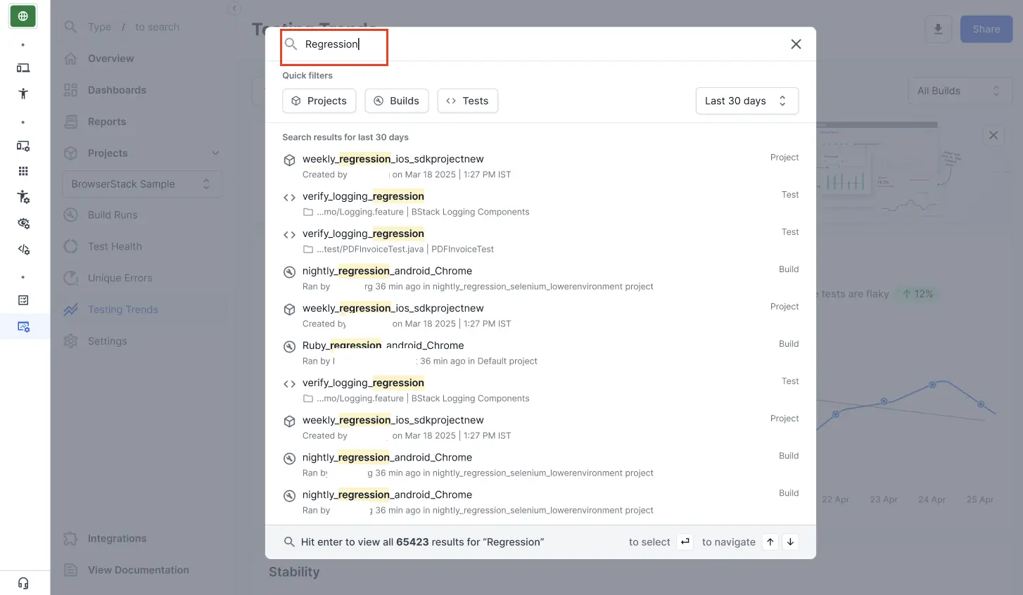 A search box with the keyword 'Regression' typed, and a list of results that include the word 'Regression'