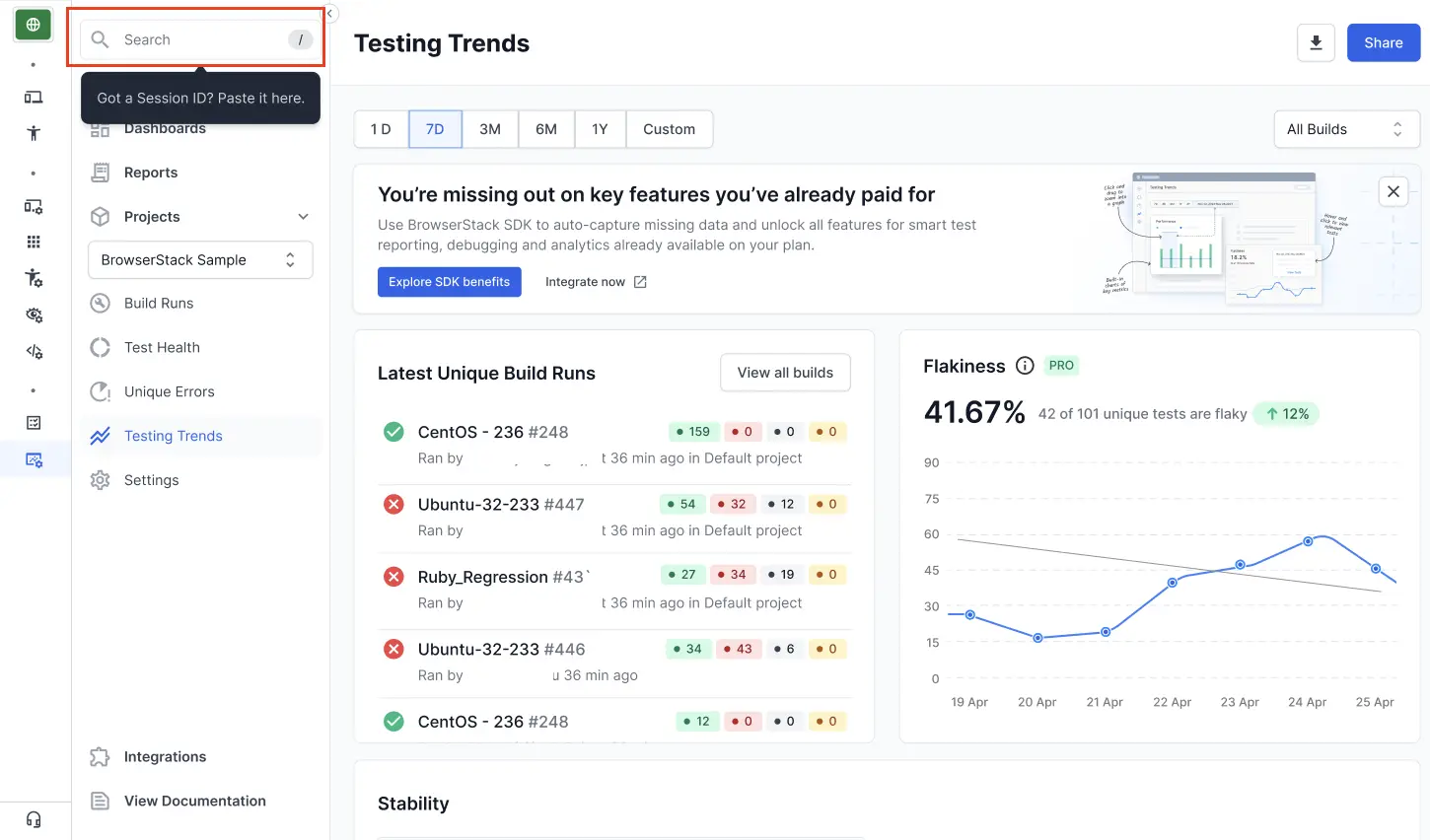A search box on the top left of Test Reporting & Analytics, highlighted in red