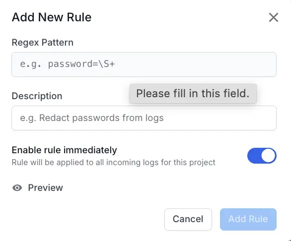 Add New Rule dialog with fields for Regex Pattern, Description, and an Enable rule immediately toggle