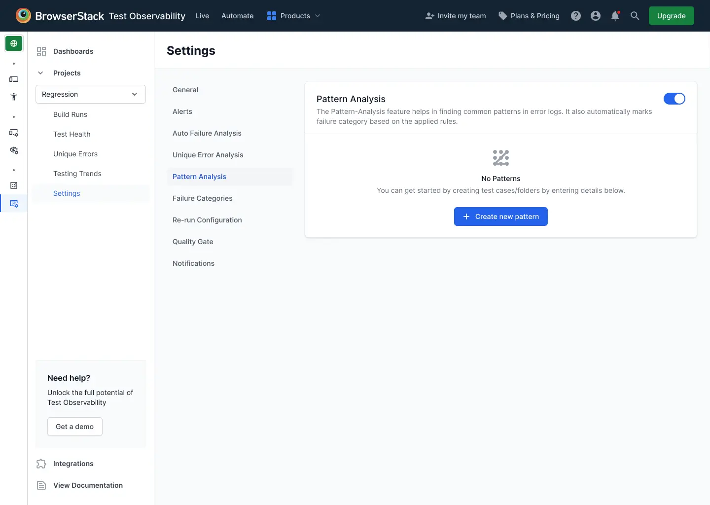 The Pattern Analysis settings page showing the feature toggle enabled and a No Patterns empty state with the Create new pattern button