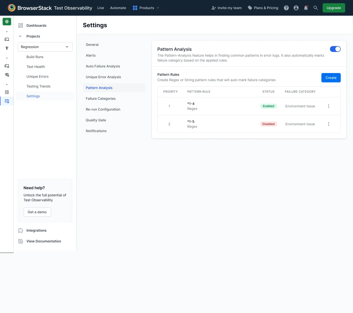 The Pattern Analysis settings page showing two configured rules with their priority, pattern, status, and assigned failure category