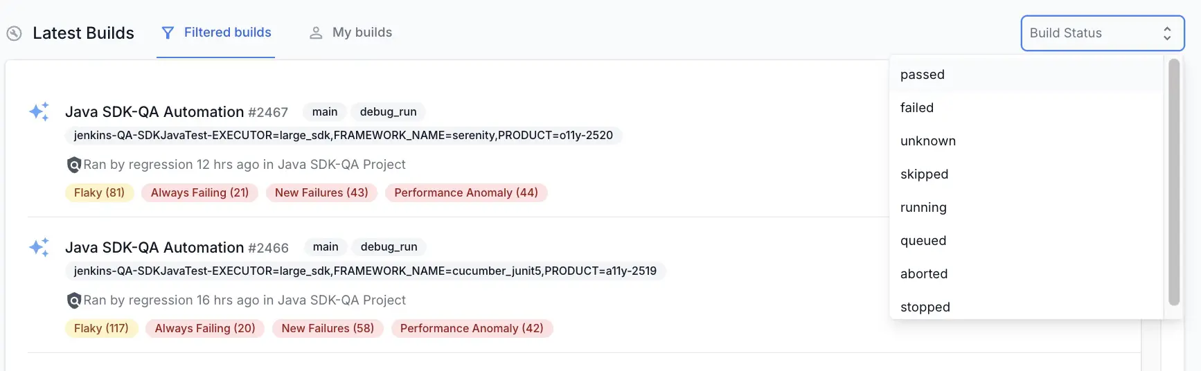 Build Status filter in the Filtered Builds section