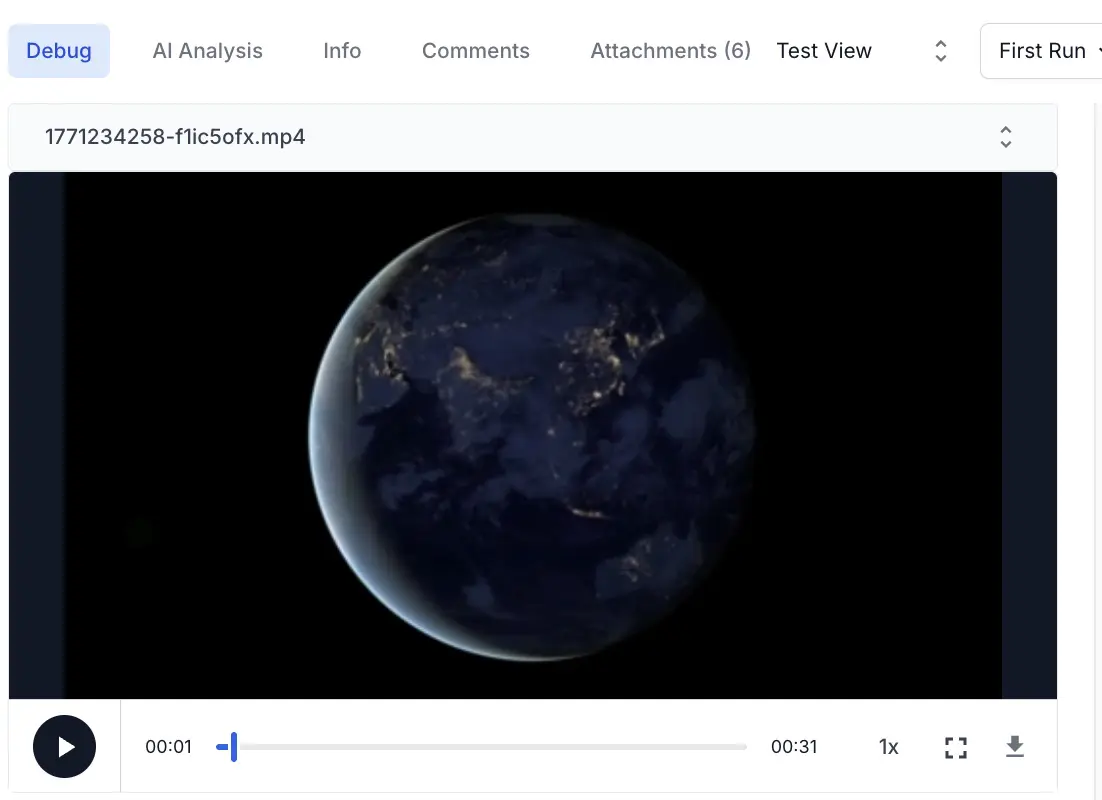 A video file with the image of a planet in the timeline debugging view. There is a play button and a slider to interact with the video.