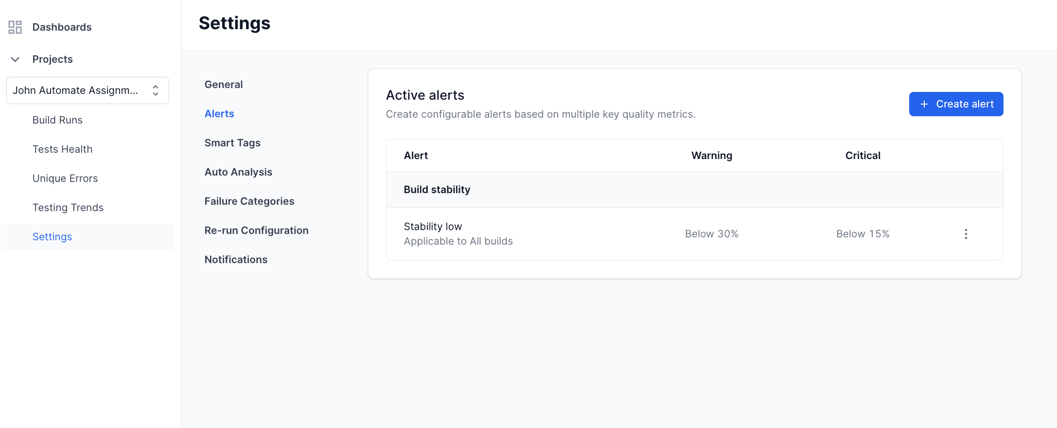 Alerts - Settings Page