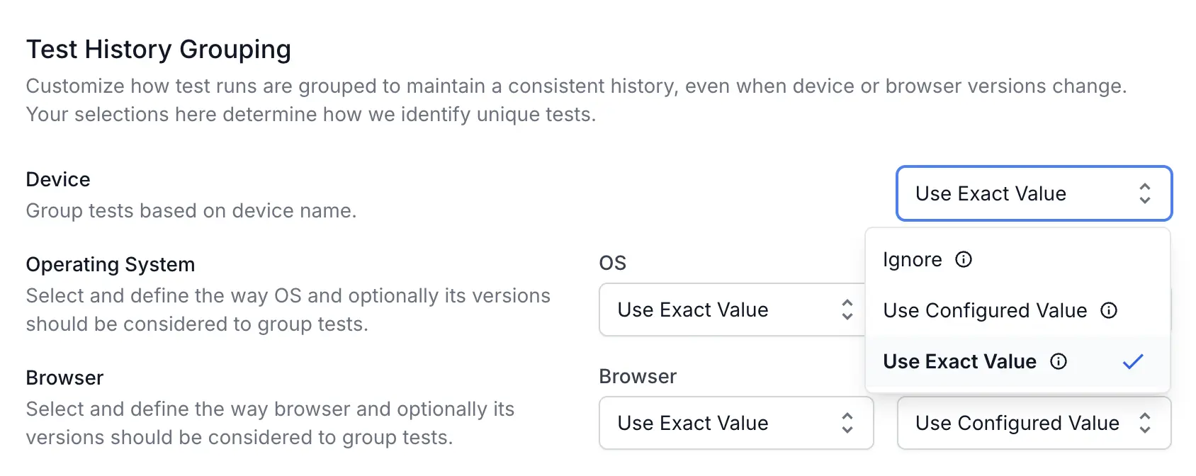 Customize test history grouping settings