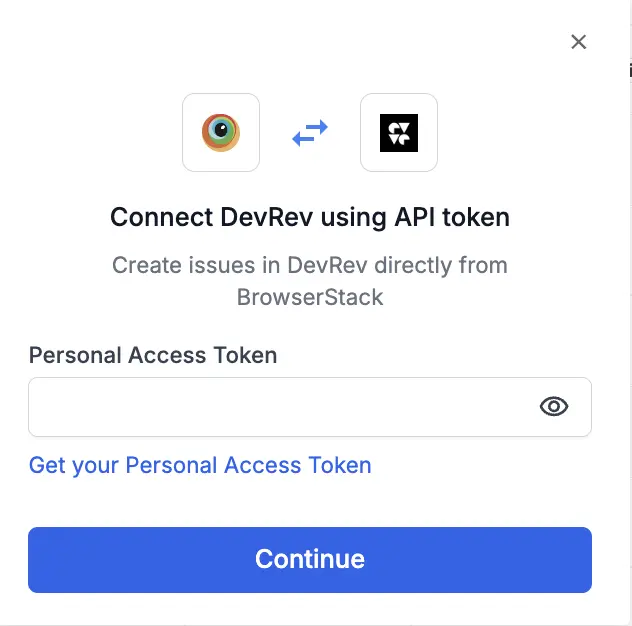 A prompt with text input for your Personal Access token and a continue button