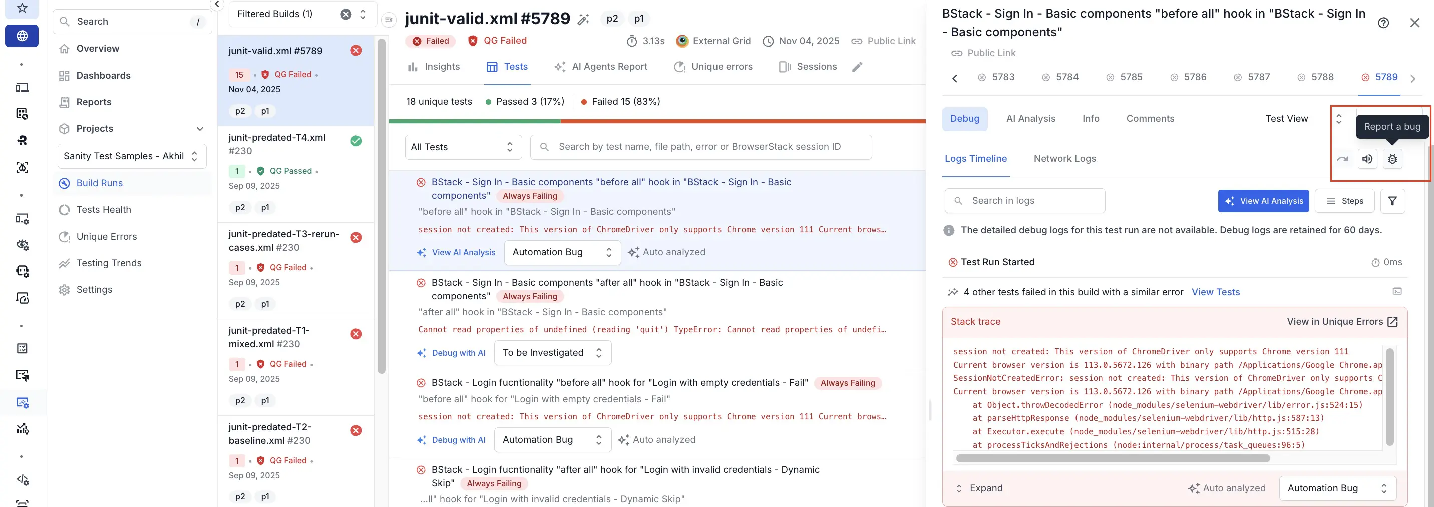 Report bug button in the Timeline Debugging pane
