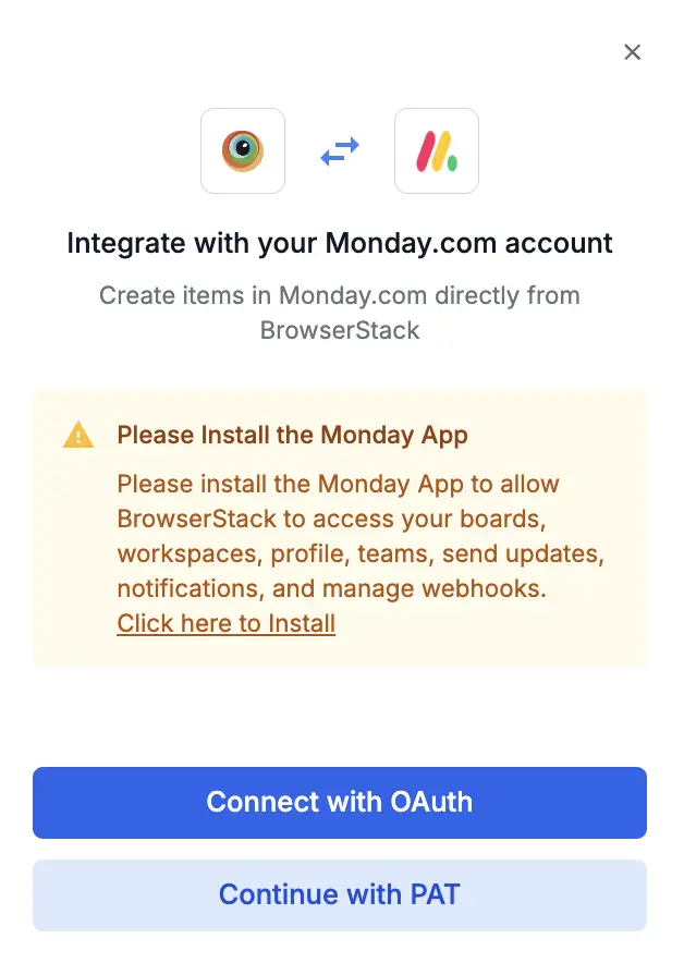 A prompt with a button to connect with OAuth