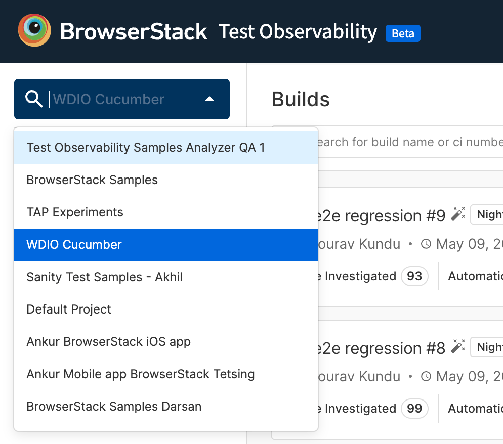 Project selection in Test Observability