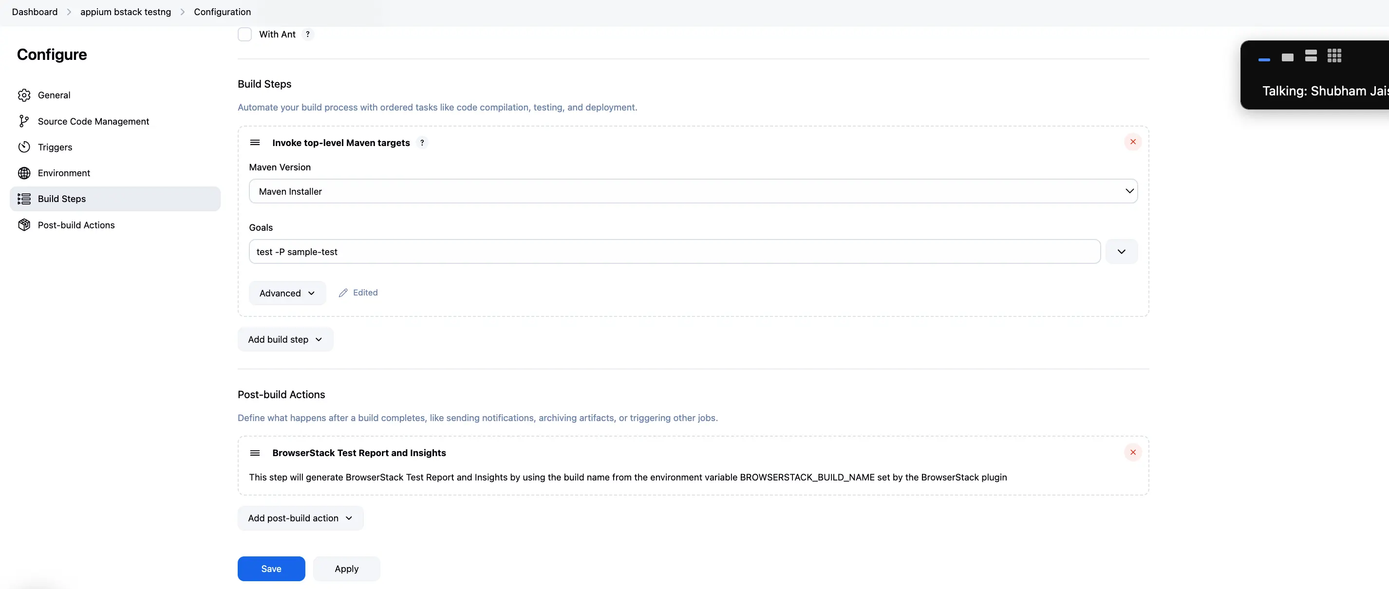 A drop-down menu to select post-build actions including BrowserStack Test Report and Insights