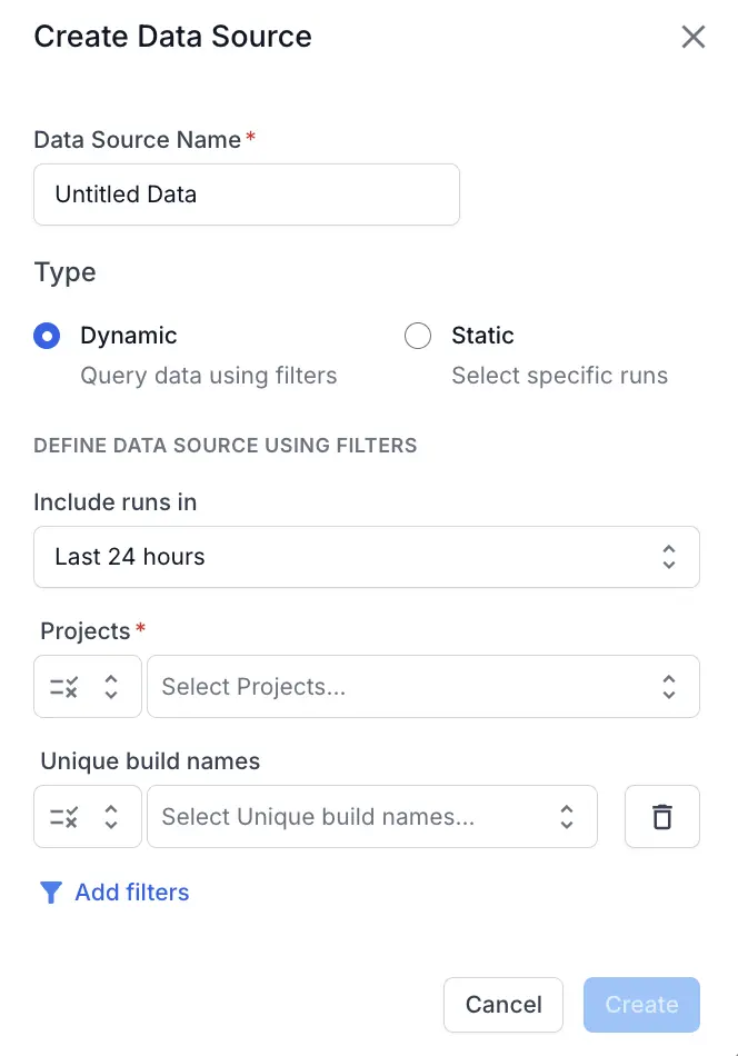 Data source configuration modal showing options to name the data source, select dynamic or static type, and add filters