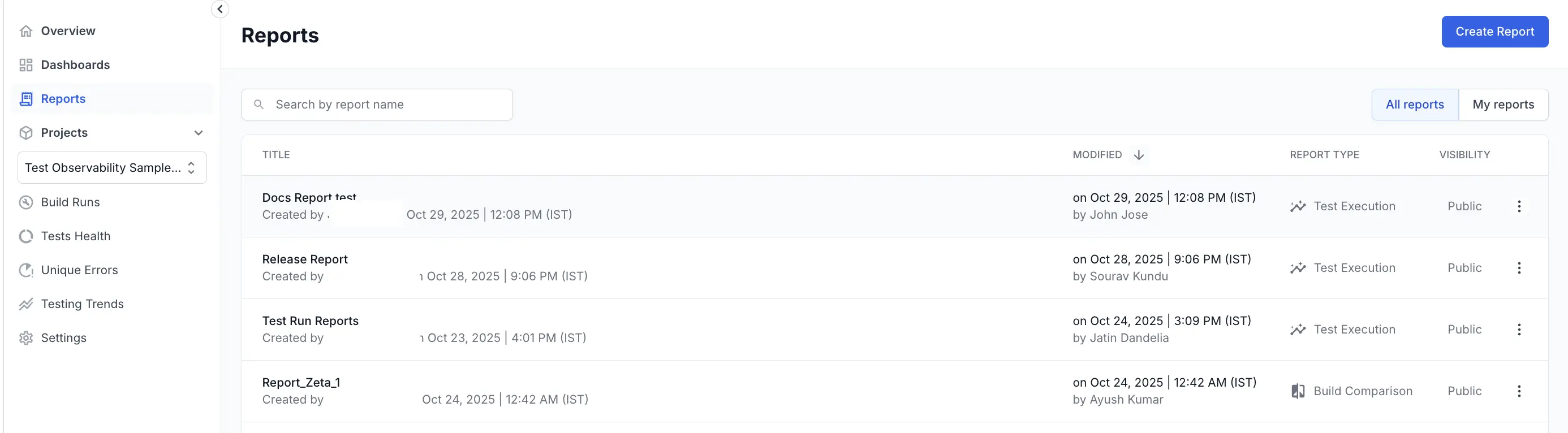 Reports list showing available reports with options to view, edit, delete, and share