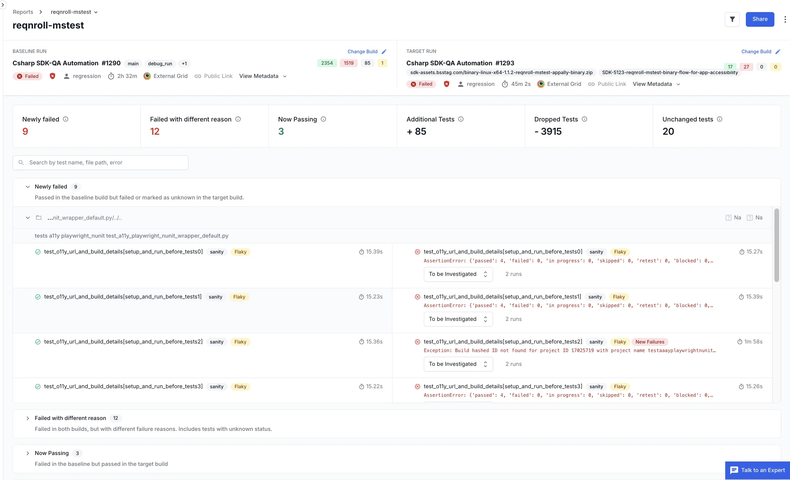 A report shown in detail including stat tiles and a tabular view of the tests and associated details