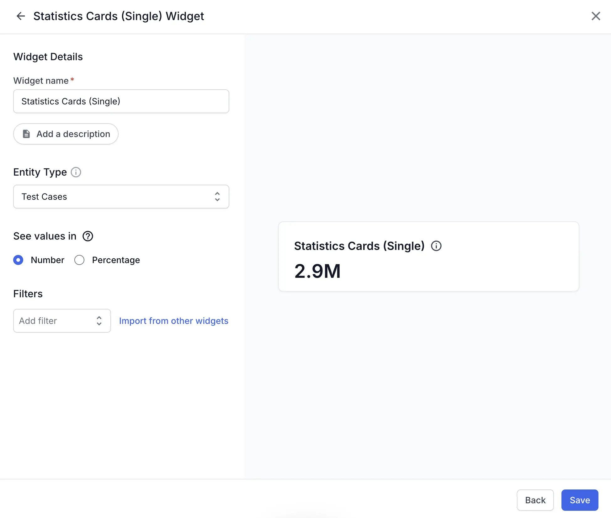 The Statistics Cards (Single) widget builder with Entity Type set to Test Cases, See values in set to Number, and a preview card showing 2.9M.