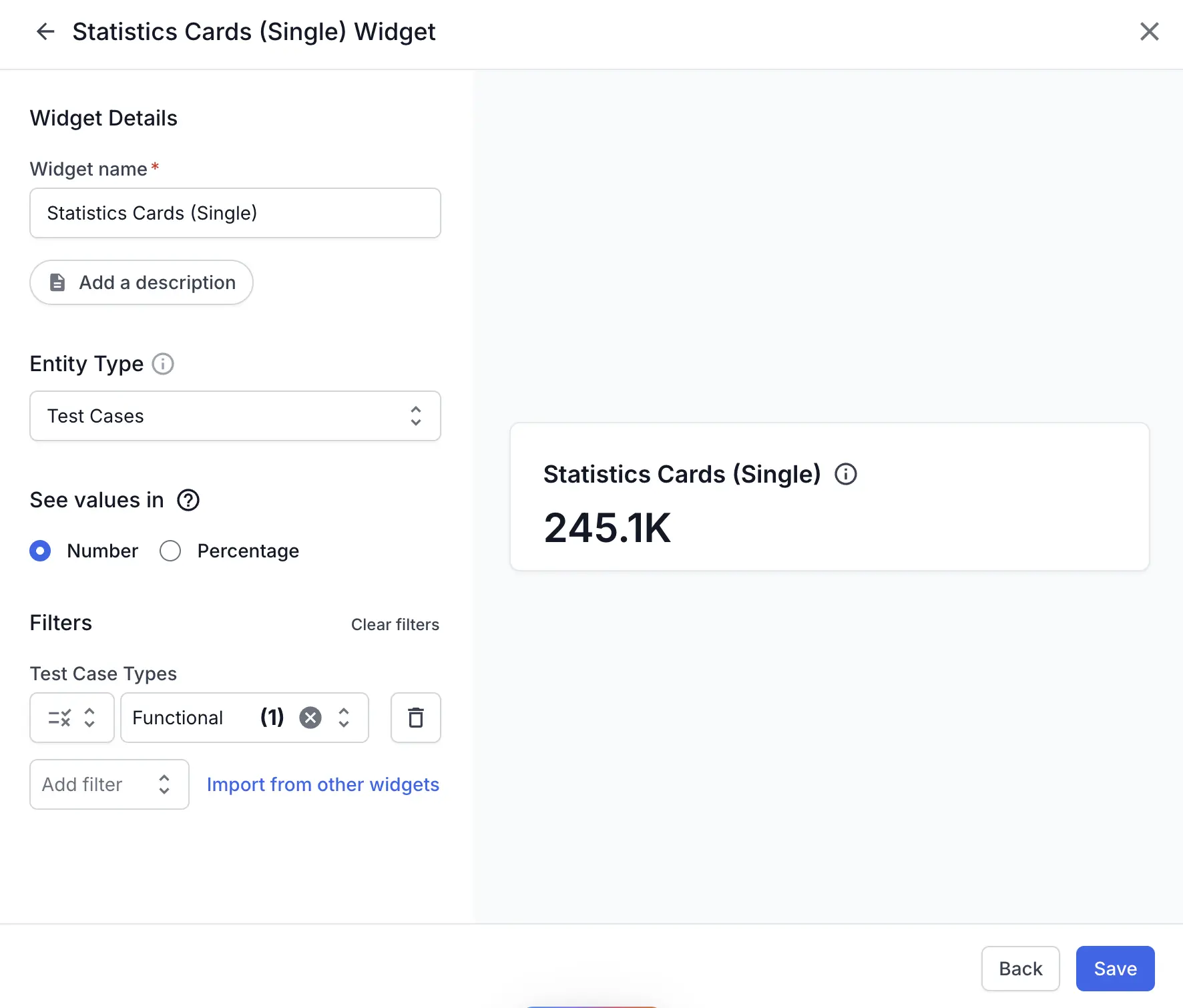 A Test Case Types filter added under Filters, with the Save button at the lower right of the widget builder.